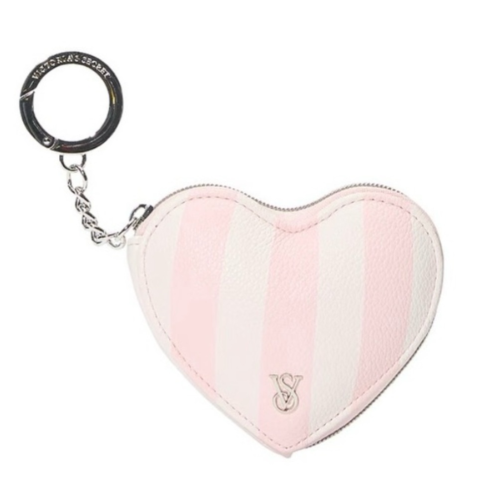 Victoria’s Secret Heart Pouch Pink & White Heritage Stripe Keychain Bag Charm